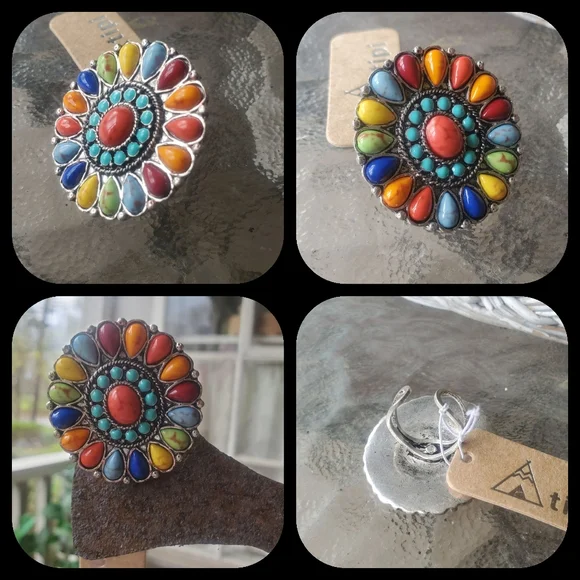 Rainbow Free Spirit Boho Hippie People Native Aztec insp beaded ring - Picture 7 of 8